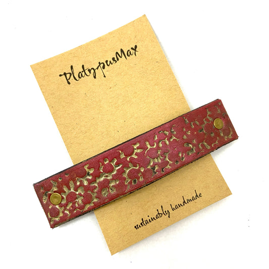 Candy Apple Red & Gold Starburst Stamped Leather Hair Barrette-0