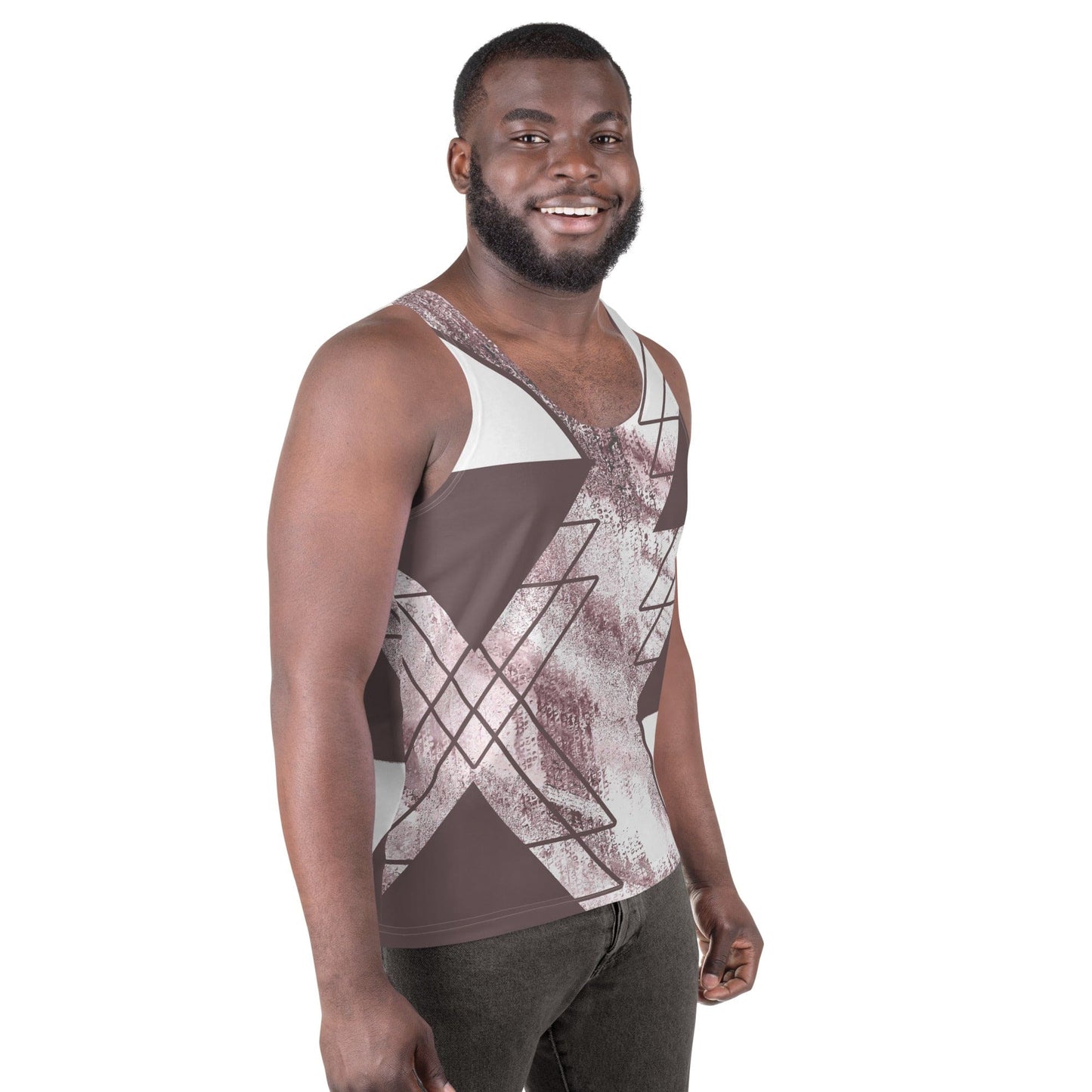 Mens Stretch Fit Tank Top - Mauve Rose and White Triangular Colorblock-2