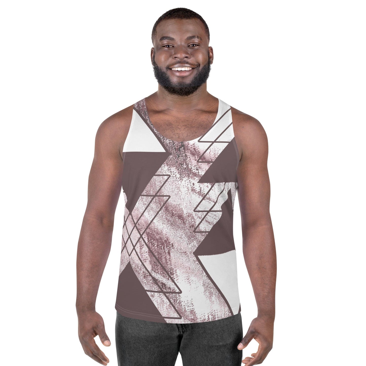 Mens Stretch Fit Tank Top - Mauve Rose and White Triangular Colorblock-0