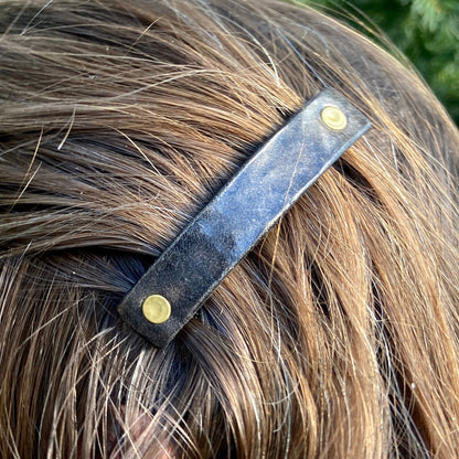 Hammered Oil-Rubbed Bronze / Antique Brass Leather Unisex Barrette-1