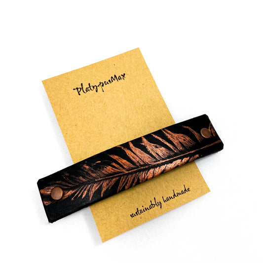 Copper Feather on Black Leather Hair Barrette - Handmade-0